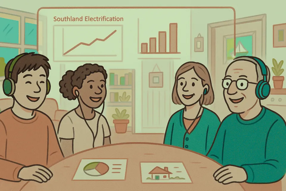 Illustration of four people with headsets around a table discussing Southland electrification charts